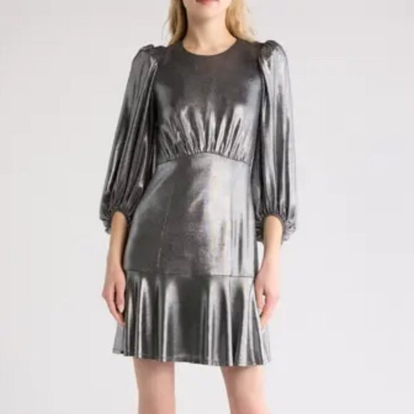 Eliza J Silver Metallic Dress Puff Sleeves Jersey Cocktail Plus Size 14 - Picture 1 of 7